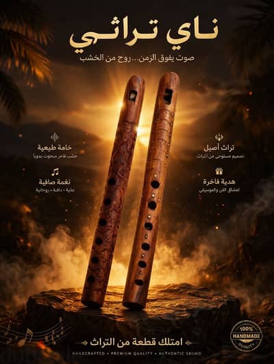 ناى هندى ٦ فتحه منقوش وساده هاند ميد مطعم نحاس