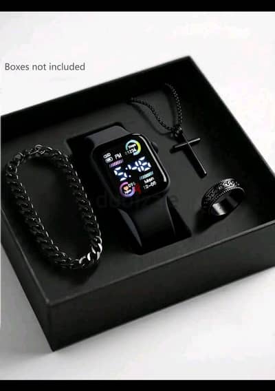 "طقم إكسسوار رجالي أسود (ساعة ديجيتال LED + حظاظة وخاتم وسلسلة)"خصم20%