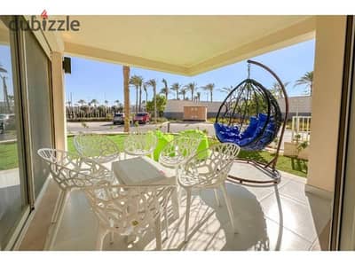 Fully furnished, modern, air-conditioned first-class Ground Floor chalet for rent in Marassi Marina Front North Coast  First row directly on the Pool