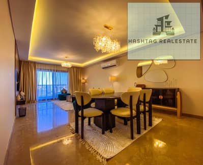For rent, a furnished hotel apartment in Compound Zed West, consisting of 3 bedrooms, one of which is a master with a dressing room, 3 bathrooms, second floor, view of Yasmine and the 20-story towers.