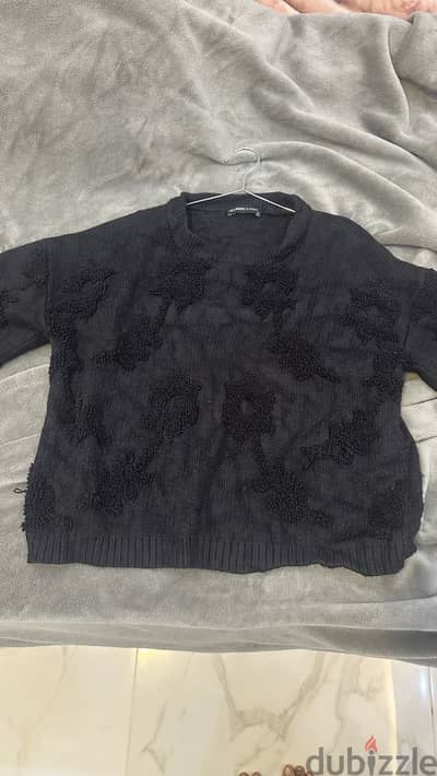 LC Waikiki Black Textured Knit Sweater – Floral Detail