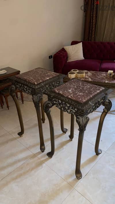 طقم طاولات جانبية (Side Tables) خشب زان رخام روز طبيعي - حالة ممتازة