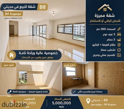  شقة للبيع في مدينتي B8 مجموعة 84 – 200م | 3 غرف | باثيو | أقساط | موقع مميز وسعر لقطة أقل من السوق