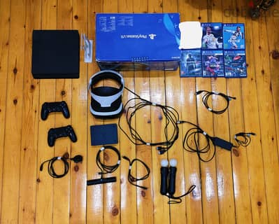 بلايستيشن ٤ slim بدراعين + vr بكل حاجة تخصها + ٥ ألعاب