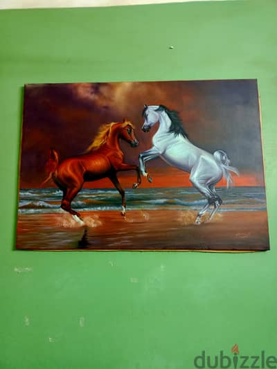 لوحة فنية زيتية "خيل عربي" شغل يدوي فاخر - مقاس كبير 100×70 سم