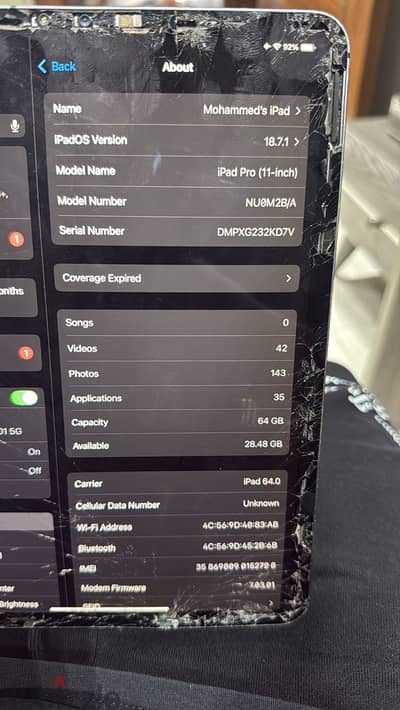 iPad 11 inch bent frame, broken screen, touch active in some areas.