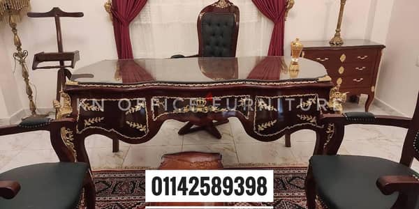 مكتب كلاسيك فخم خشب زان احمر روماني مرسم مطعم بالنحاس ١٨٠ سم ٥ درج