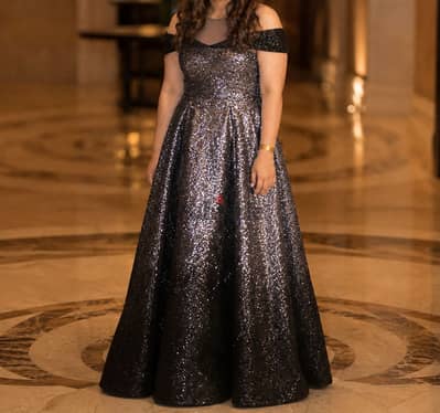 Long Soiree Black & Silver Off Shoulder Sequined Dress