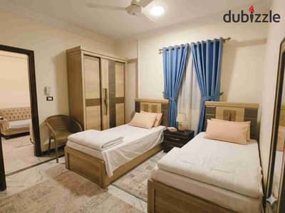 Furnished apartment for annual rent suitable for family, couple, or company. 3 bedrooms, reception, two pieces, kitchen, 2 bathrooms, second upper floor. All amenities available: water, electricity, natural gas. Located in Alexandria, Al-Ajmi, kilo 21, October entrance before the gate in a very distinctive location.