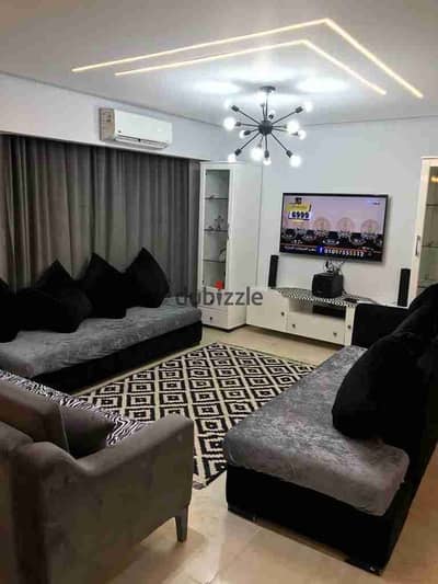 For rent furnished in Madinaty B12 total 123 area: 116 meters 2 rooms + 1 bathroom fourth floor __ view of main street and narrow garden American kitchen 2 air conditioners in reception hotel finishing
