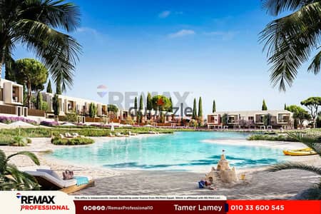 Open view overlooking the swimming pool and landscape, super deluxe chalet for sale in Ras El Hekma, 93 sq m