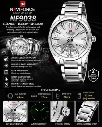 NAVIFORCE NF9038 Luxury Men’s Watch – Stainless Steel Original