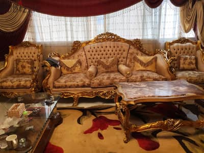 صالون مذهب خشب زان من دمياط 1 كنبه 4 فوتيه 1 ترابيزه