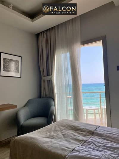 A distinctive chalet for sale in El Alamein with an open view of the sea and El Alamein Towers, finished and ready to move in.