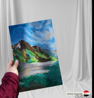 لوحة طبيعية مودرن (جبال ونهر) مرسومة يدوياً بألوان غنية - لوحة حائط
