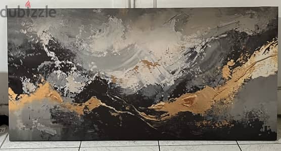 لوحة ديكور Abstract مودرن يدوي – 120×60 سم – ألوان رمادي وذهبي
