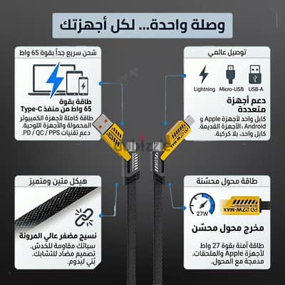 كابل شاحن USB متعدد 15 سم، شحن سريع 65 واط 3 في 1 (Lightning, Type-C