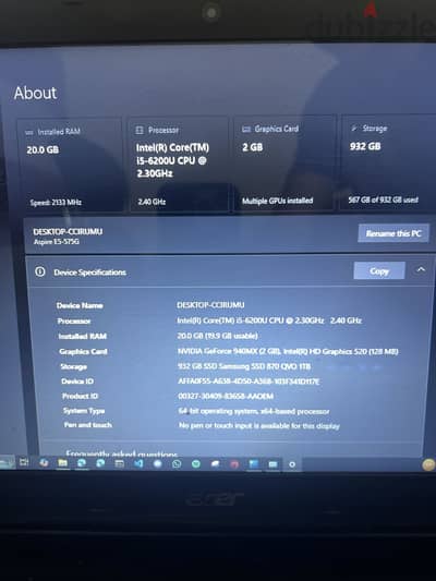 لابتوب Acer  للشغل سريع جدا, 20GB Ram, NVIDIA Geforce 940MX,  1TB SSD