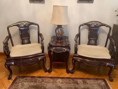 Chinese rosewood with mother pearl set 2 chairs & table