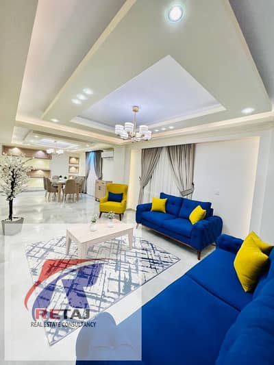 Furnished apartment for rent in the Golden Square of Nasr City. Fully air-conditioned, equipped with all amenities and appliances, and furnished to a