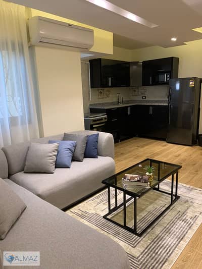 Furnished 60 sqm studio apartment for rent in Arabiya Compound, Fifth Settlement, located behind Concord Plaza Mall and near the American University