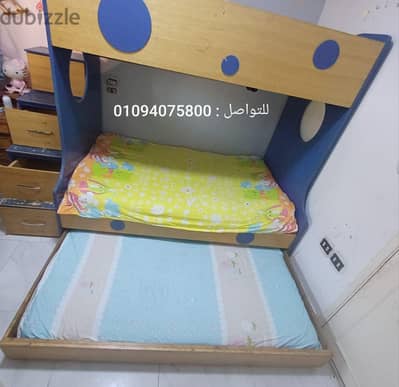 سرير  اطفال 3 ادوار خشب زان بحالة ممتازة  + سلم أدراج تخزين