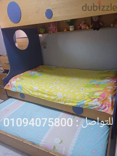 سرير  اطفال 3 ادوار خشب زان بحالة ممتازة  + سلم أدراج تخزين
