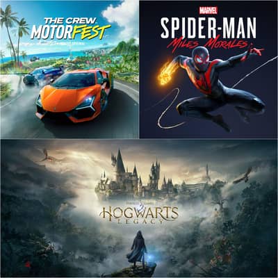 The crew motorfest + Spider man miles morales + Hogwarts legacy