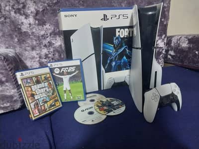 بلاي ستيشن ٥سلم كرتونه معه دراع وثلاث العاب Fc25 وgta5وانشارتدت