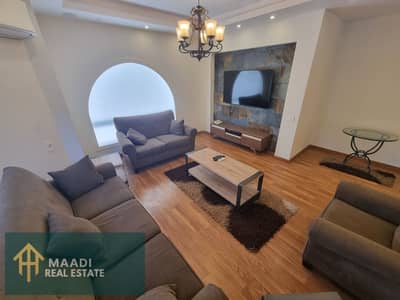 Furnished apartment for rent in the heart of Sarayat El Maadi, ground floor, private entrance, 3 bedrooms (one master), 3 bathrooms, 4-piece reception