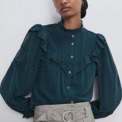 ZARA Women Green Polka Dot Spot Tunic Blouse Size