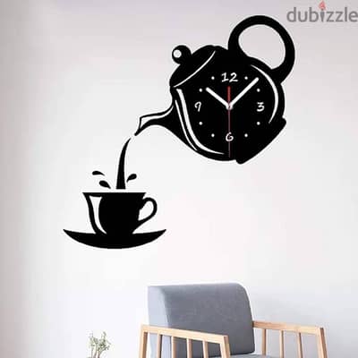 ساعة حائط خشبية ثلاثية الأبعاد بتصميم كوب قهوة وإبريق شاي