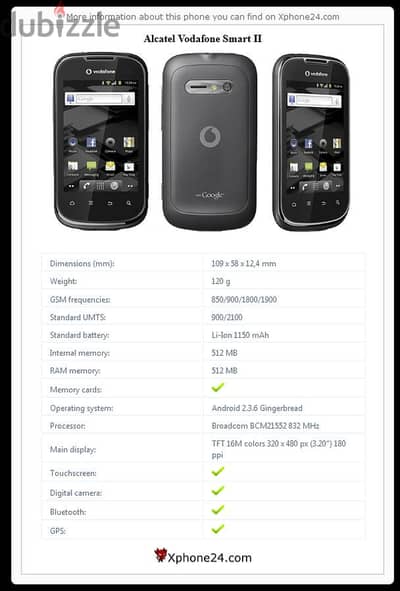 Vodafone Smart II Alcatel V860, الكاتل فودافون