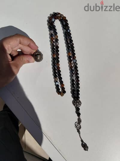 للبيع: طقم رجالي قيم (سبحة + خاتم) عقيق سليماني طبيعي وفضة بالكامل 