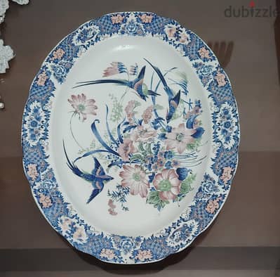 Vintage Japanese Turkey Platter : Blue & Pink Floral Bird Scene