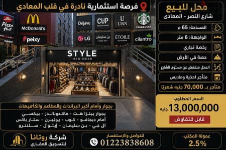 محل ٦٥ م للبيع شارع النصر المعادي مؤجر ب٧٠ الف شهريا للبيع ب١٣ مليون