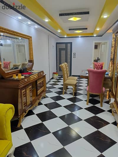 High luxury furnished apartment for daily rental for families and companies 2 bedrooms reception two pieces kitchen bathroom first floor second upper comfortable stairs in Alexandria Al-Ajami Kilometers 21 October main street very close to the sea
