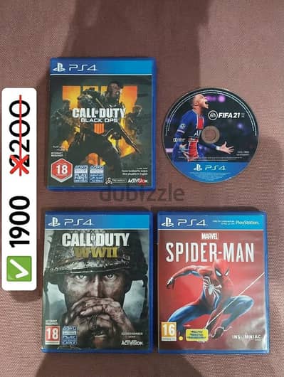 العاب بلاي ستيشن 4 ( fifa 21 - spiderman 1 -cod WW2 -cod black ops 4)
