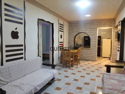 Furnished chalet for annual rent, suitable for family, newlywed, or company, with 2 bedrooms, 2-piece reception, kitchen, bathroom, ground floor, all amenities available, water and electricity in Alexandria, Al-Ajmi, Kilometer 21, at the distinguished location of Palm Beach.