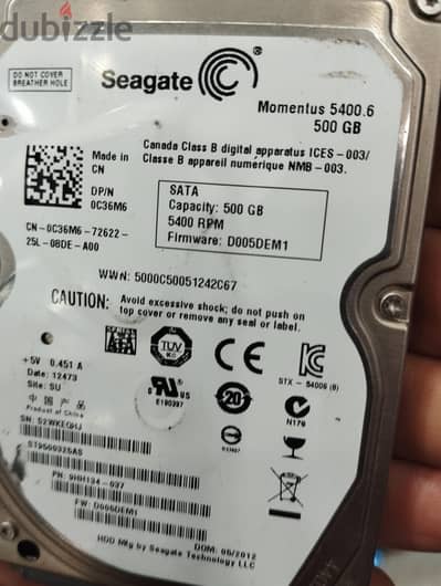 هارد لابتوب 500 جيجا + راك وكابل  بسعر 800ج  في الاسكندريه