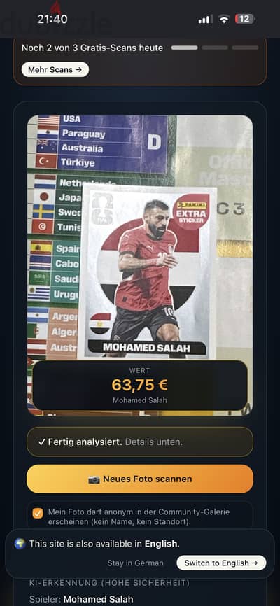 Mo salah panini card extra sticker ( white border and silver)