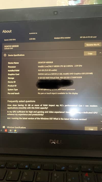 لابتوب Dell i7 8850H | Ram 16GB | SSD NVMe 512GB | Vega Mx 130 2GB