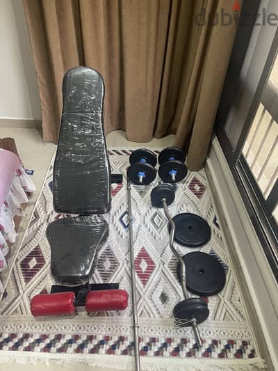 مستلزمات جيم ( حامل - دكة - ٢ بار - اوزان - دمبلز)