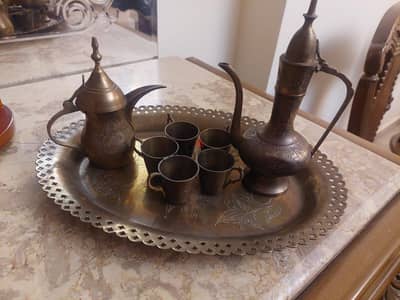 طقم تقديم قهوة وشاي عربي نحاس أصفر أصلي عتيق (أنتيك)