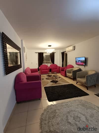 A special opportunity for furnished rent in Madinaty B6, 124 sqm apartment, ground floor  3 bedrooms  bathroom  ground floor  street view and side