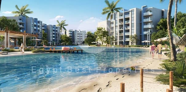 SERVICED CHALET DIRECTLY ON THE SEA AND OVERLOOKING THE LAGOON FOR SALE WITH INSTALLMENTS OVER 9 YEARS IN FOUKA BAY, RAS EL HEKMA, NORTH COAST.