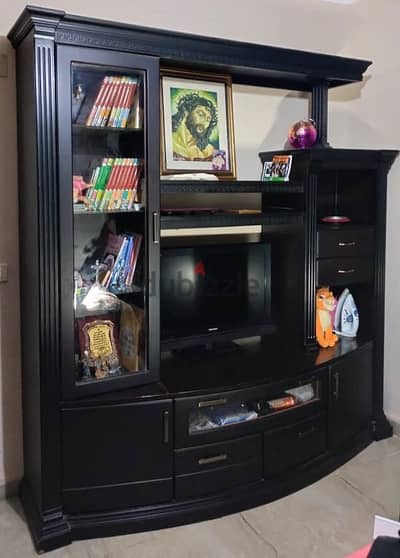 مكتبة تلفزيون وكتب كبيرة خشب زان 210×220 سم – واجهة زجاج وأدراج كثيرة