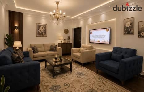 Ground floor apartment 200 m with 190 m garden in a prime location near Al Bustan Street, Spain Plaza Mall, and Wise School for Languages. Spacious area and practical design suitable for upscale living.