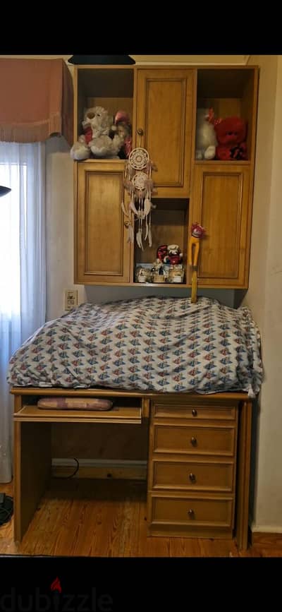 Wooden Study Desk, Detachable Rolling Drawers & Overhead Storage Unit