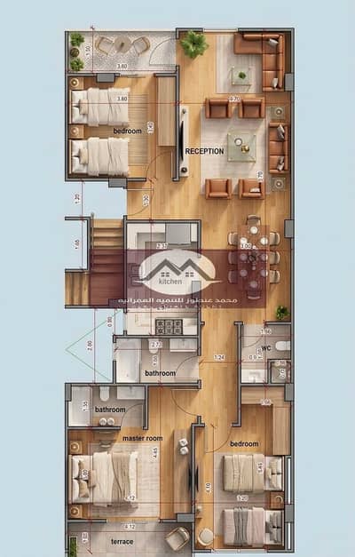Apartment for sale in New Damietta in the distinguished neighborhood, area 160 meters, first upper floor, 3 rooms, and a large reception and 2 bathrooms.
